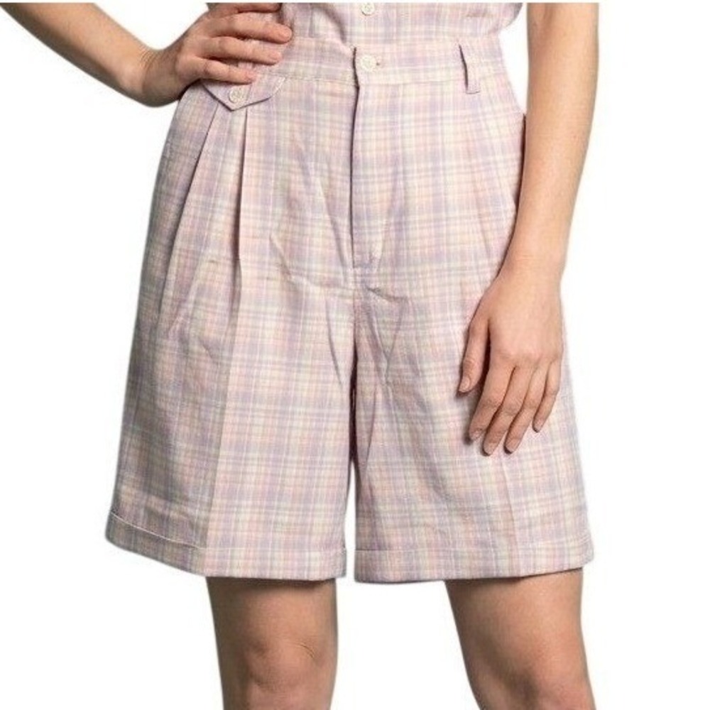 Liz Sport Vintage Pastel‎ Plaid Pleated Cotton Shorts Purple Pink Yellow Size 4